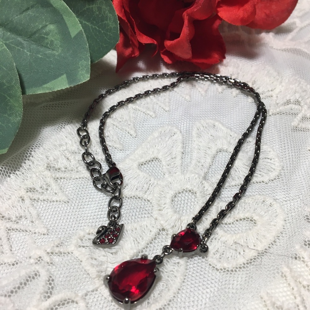 Swarovski Double Tear Drop Red Crystal Necklace